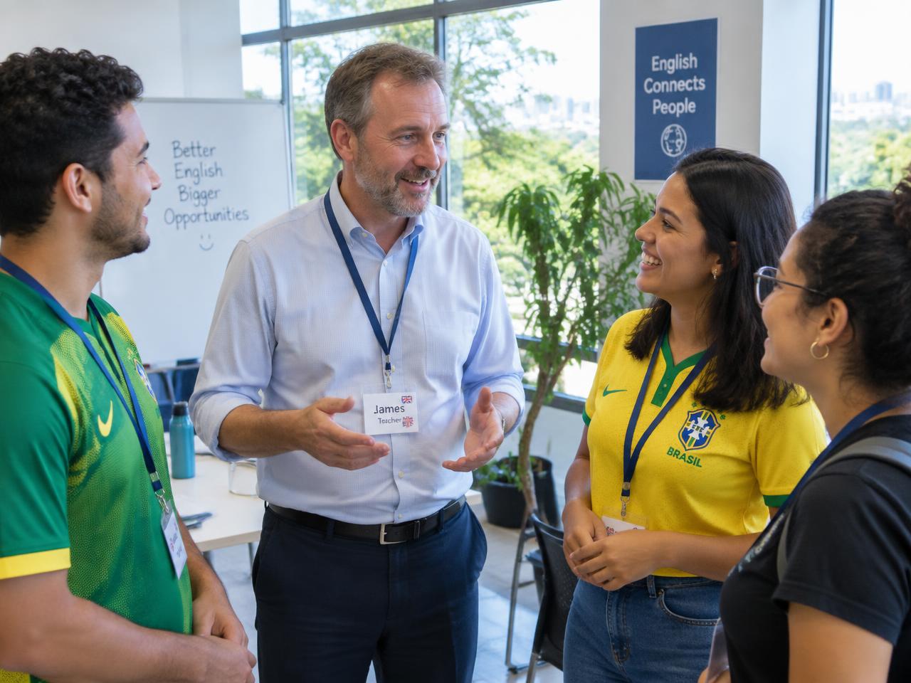 Professor nativo conversando em pé com alunos durante a imersão