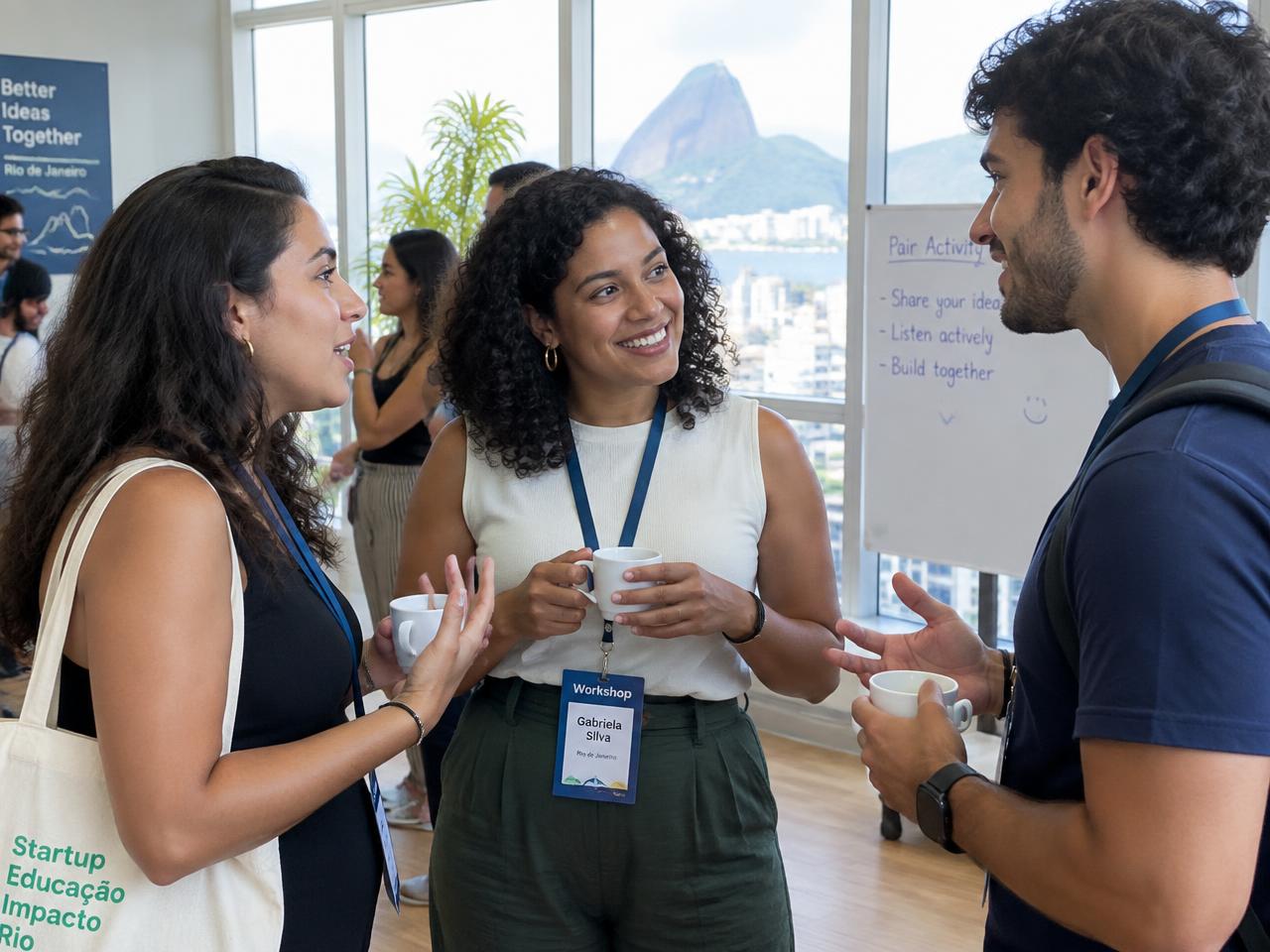 Alunos conversando em dupla durante atividade prática do workshop